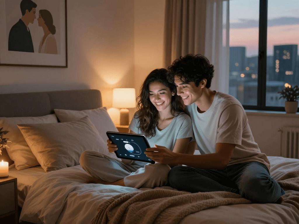 Couple exploring AI sex applications in a cozy modern bedroom, showcasing intimacy and technology.