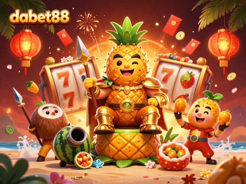 dabet88 showcases a vibrant casino scene with a golden pineapple king and slot reels, emphasizing winning excitement