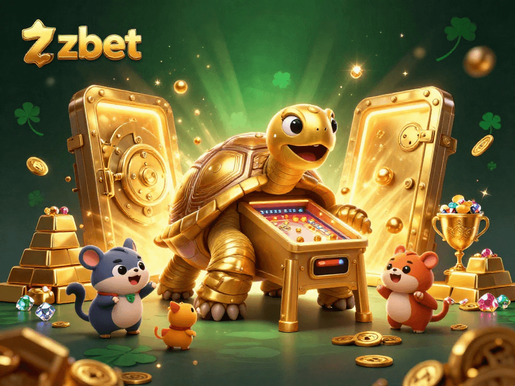 Experience winning excitement at zbet, featuring a giant golden tortoise in a vibrant casino scene.