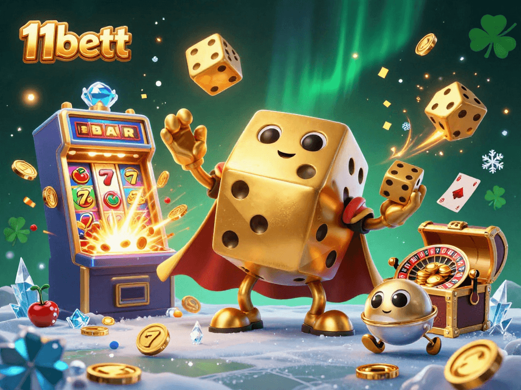 Experience 11bett's dynamic casino scene featuring golden dice, slots, and jackpot celebrations.