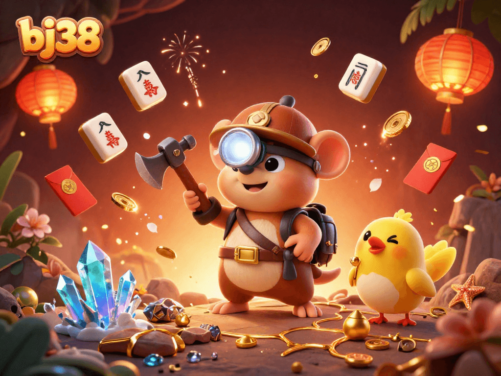 Win big with bj38 in an exciting 3D casino adventure featuring vibrant characters and gold elements.