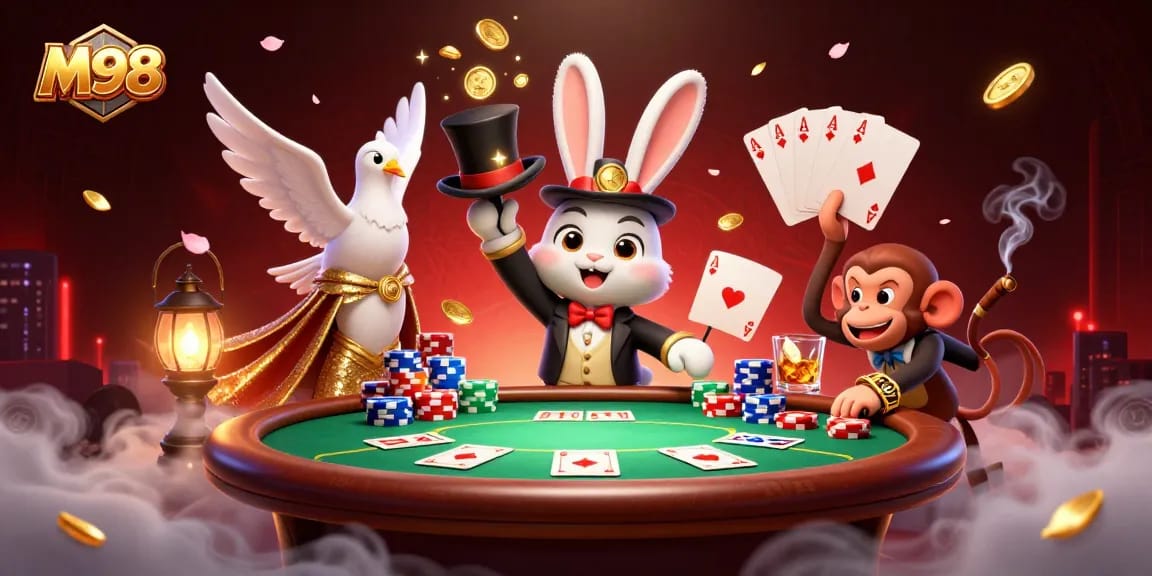 Engage with M98's thrilling casino adventure featuring a magician, dove, and monkey amidst sparkling poker elements.