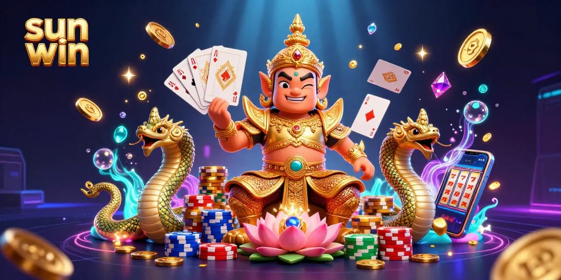 Engage in the thrill of sun win with casino elements as golden coins and gems cascade around the vibrant scene.