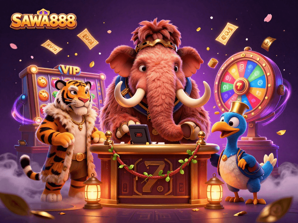 SAWA888 showcases a vibrant casino scene featuring a woolly mammoth bouncer, saber-tooth VIP guest, and dodo doorman surrounded by gaming excitement.