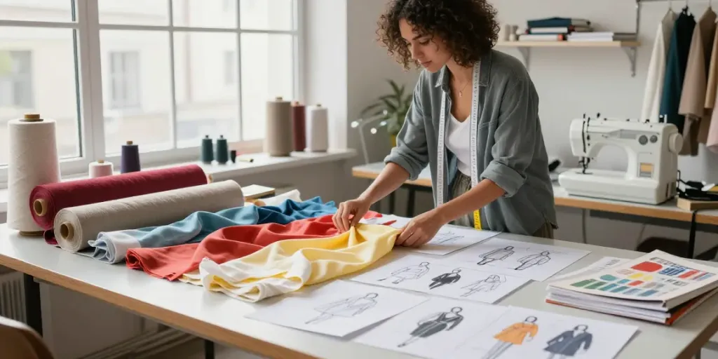 Fashion designer selecting high-quality fabrics rokok88 rtp in a stylish studio, showcasing vibrant textiles.