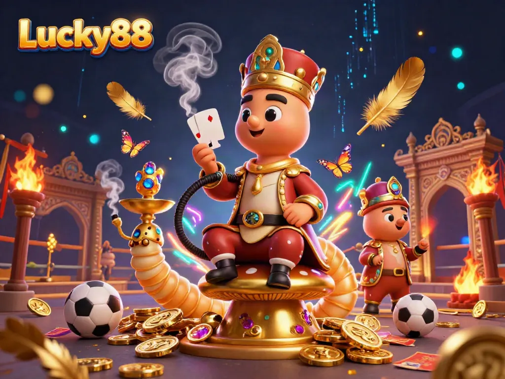 Engage with Lucky88 as it fuses vibrant characters like a caterpillar hookah-master in a dynamic casino scene.