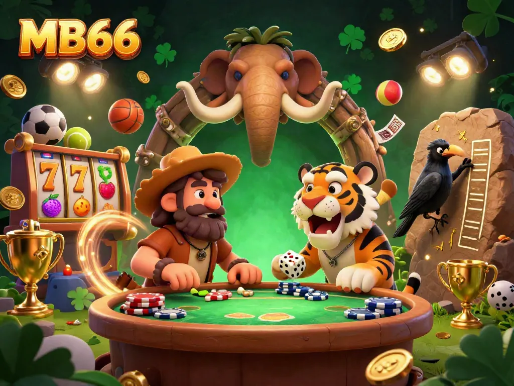 Engage in thrilling games at MB66 casino featuring vibrant slots, sports betting elements, and dynamic caveman duo managing fun-filled action.