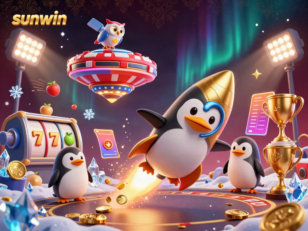 Experience thrilling gaming with sunwin's vibrant 3D illustration showcasing dynamic characters and casino elements.