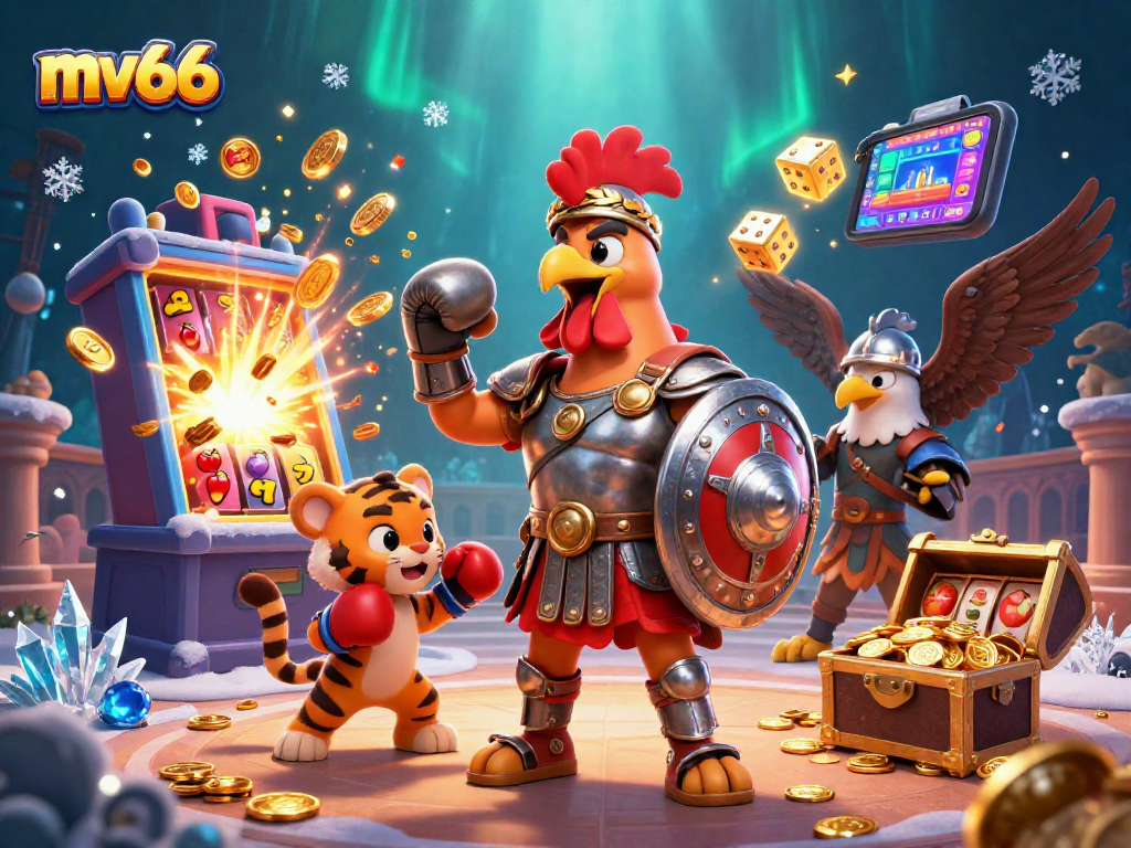 Play exciting casino games with mv66 featuring a gladiator rooster and dynamic slot machine.