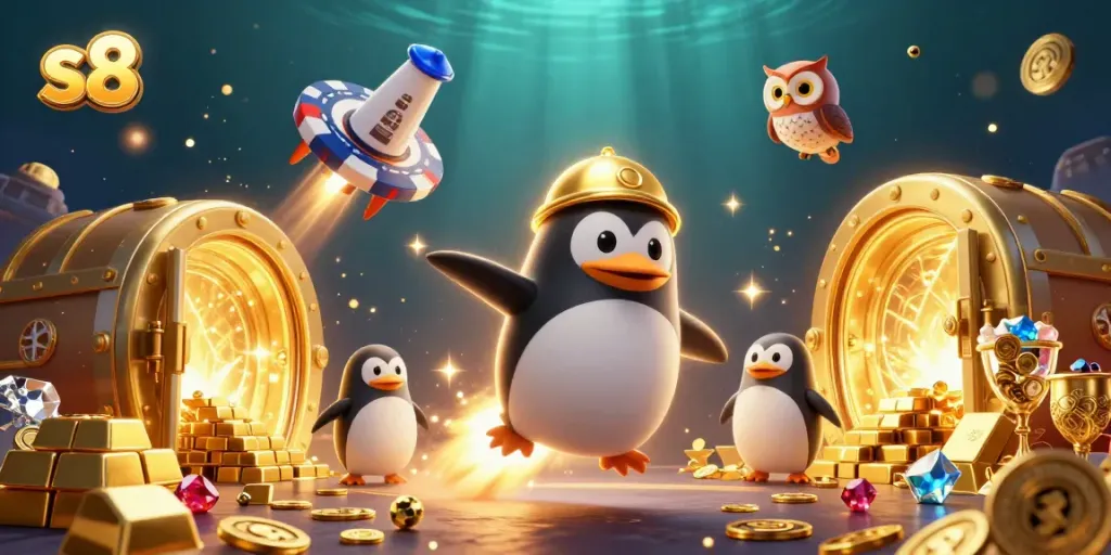 Engage in thrilling gameplay at s8 with a rocket-powered penguin and treasure-filled casino scene.