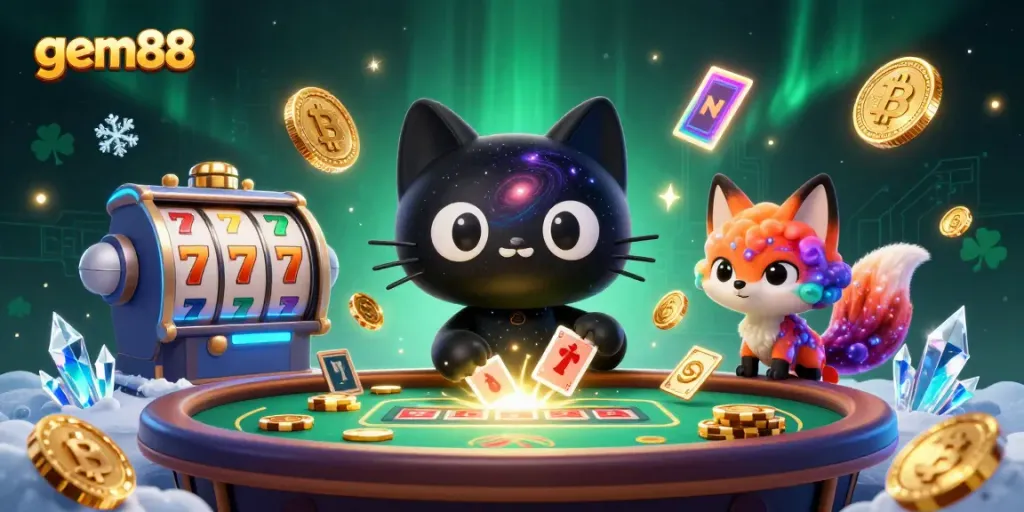 Experience thrilling wins at gem88 with a cosmic cat and fox in a vibrant casino scene.