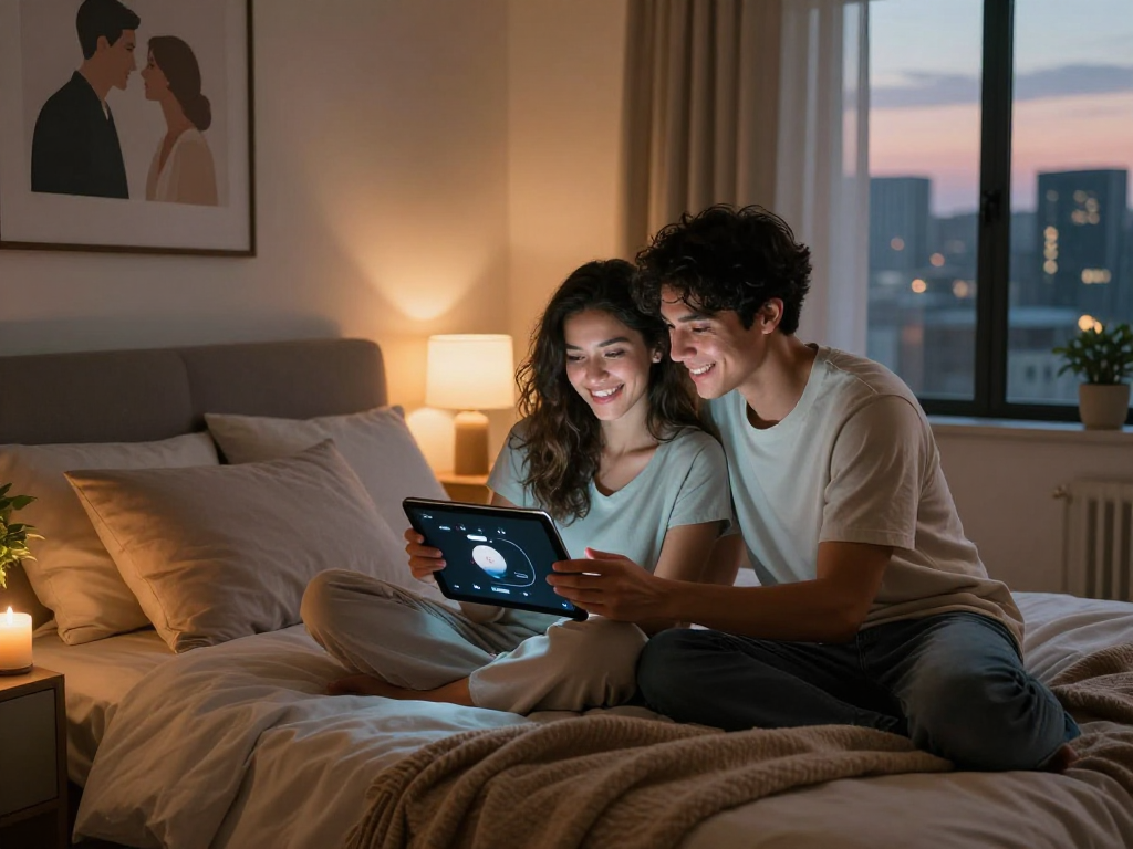 Couple exploring AI sex applications in a cozy modern bedroom, showcasing intimacy and technology.