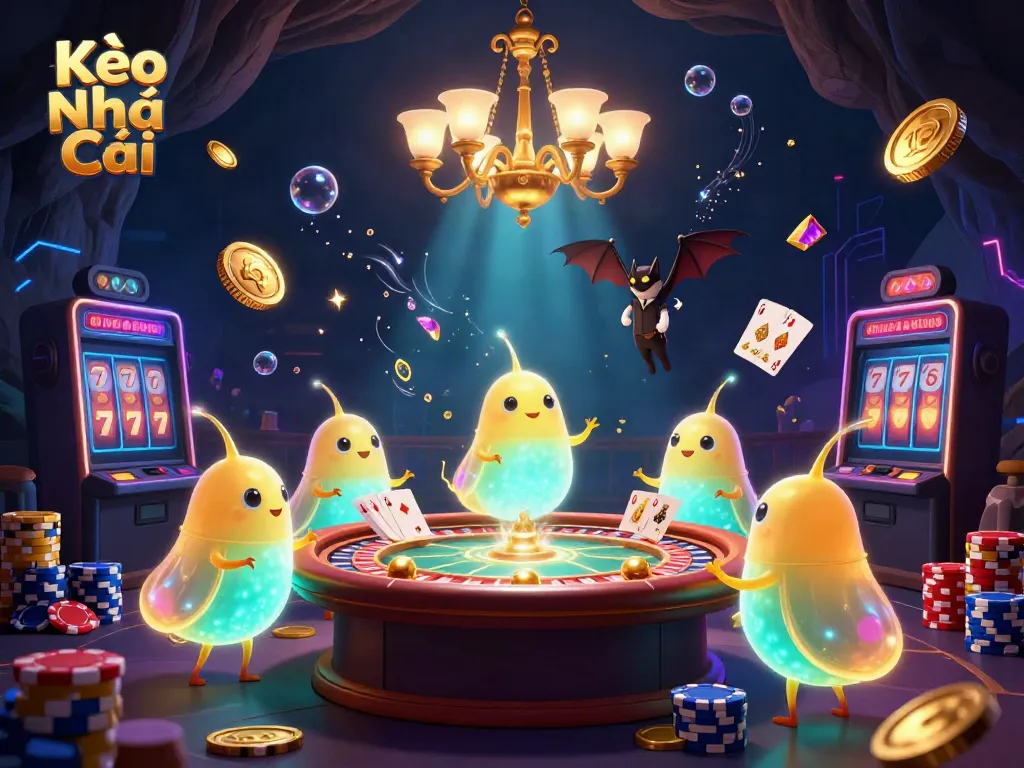 Experience Kèo Nhà Cái magic with glowing glowworms lighting a vibrant casino scene filled with treasures.