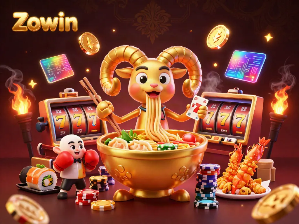 Zowin presents an exciting casino scene with a giant ramen bowl character and vibrant game elements