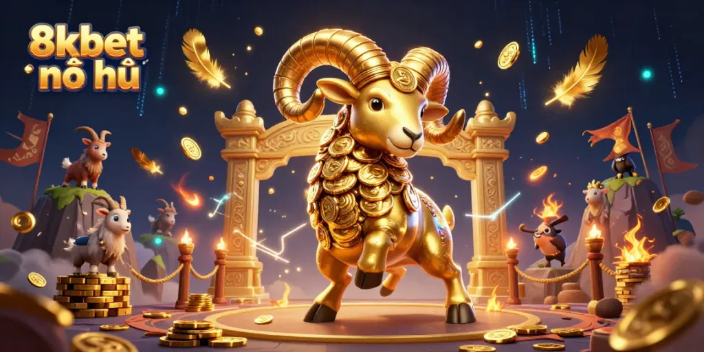 Experience the excitement of 8xbet nổ hũ with a dynamic scene of a golden ram charging through a casino highlight, showcasing thrilling gaming and jackpot opportunities.