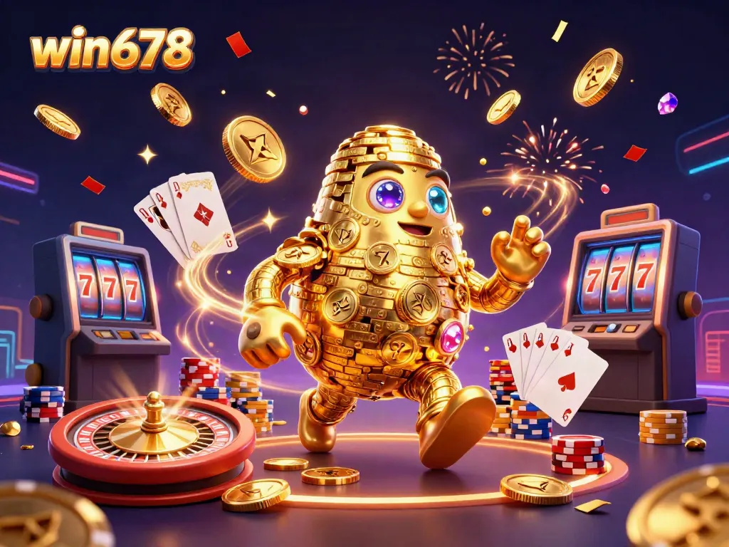 Experience the thrill of win678 with a dynamic 3D golden golem surrounded by casino elements like coins and roulette.