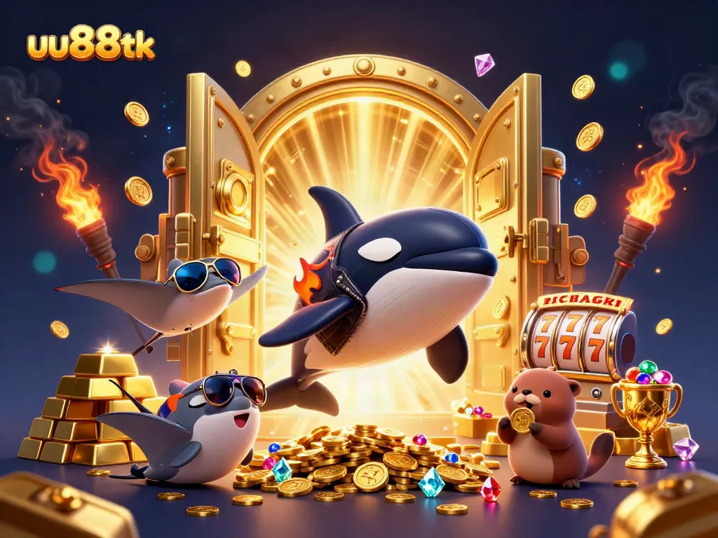 uu88tk's engaging scene of a jumping orca in a casino-themed illustration filled with treasure and excitement