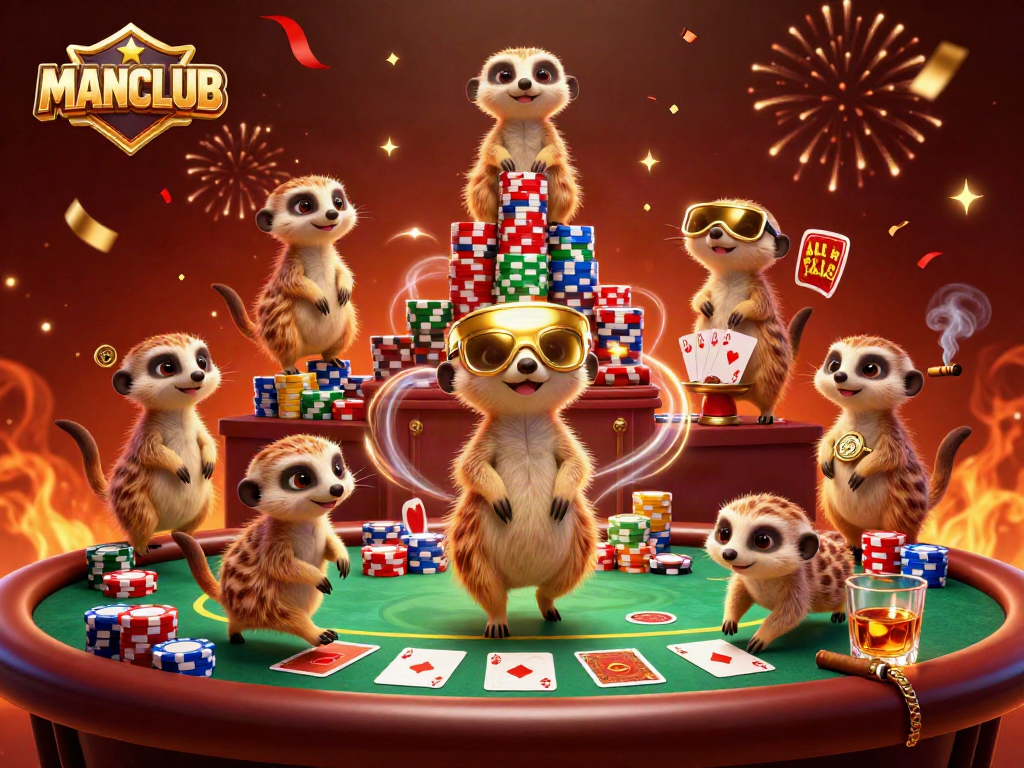 Engage in a thrilling casino atmosphere with these meerkats showcasing MANCLUB's lively poker dynamics.