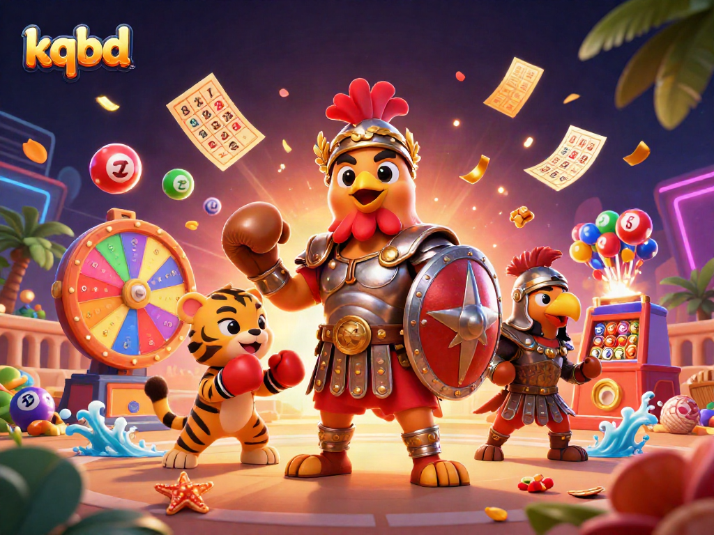 Engage with kqbd's lively casino gaming scene featuring a gladiator rooster and colorful lottery elements.