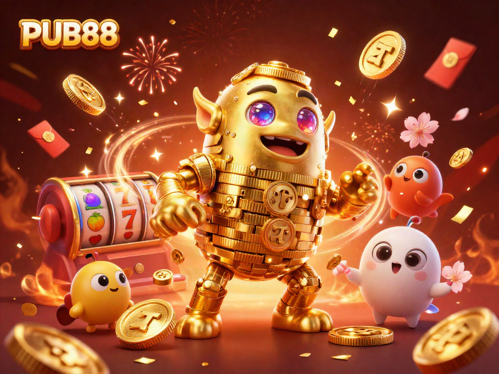 PUB88 offers an exciting casino experience with vibrant slot reels, a golden golem, and festive elements.