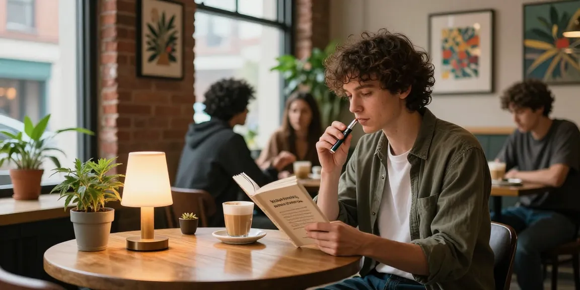 Person savoring thc pens at a cozy café with friends, highlighting cannabis culture.