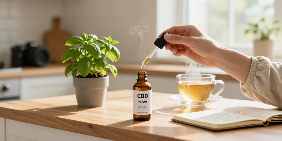 CBD isolate for sale Canada displayed in a home wellness setting with herbal tea and plants, promoting calm and health.