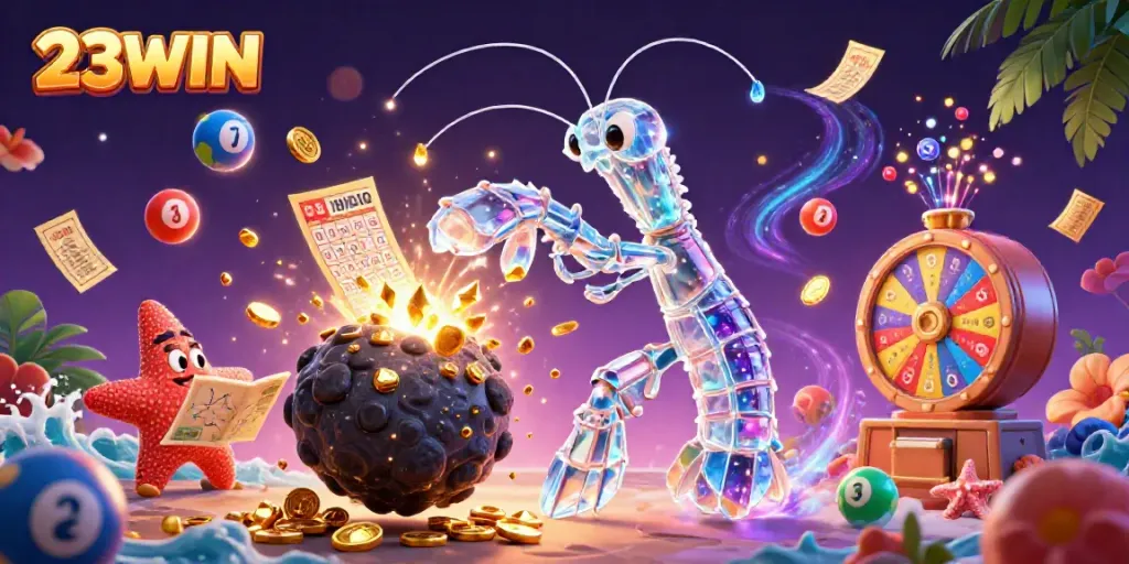 Experience the excitement of 23WIN with a galactic mantis shrimp bursting through gems and coins in a vibrant casino scene.