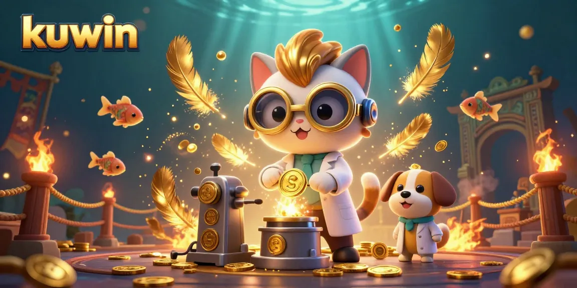 Engage with kuwin's vibrant fish shooting arena, featuring a mad scientist cat and assistant amidst golden elements.