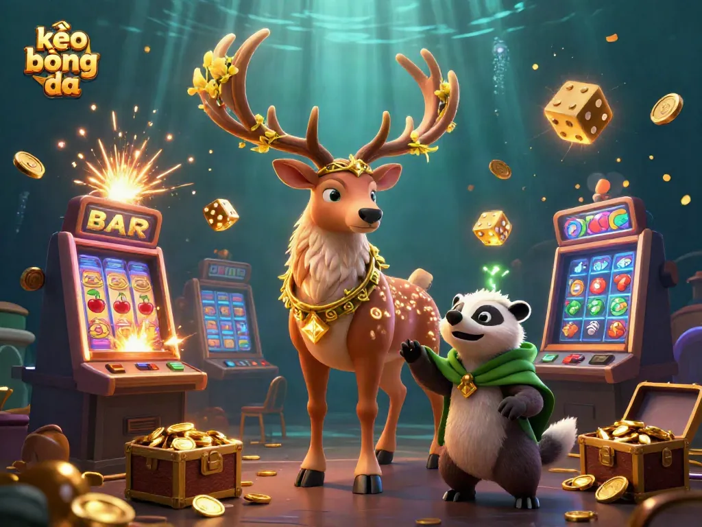 Engage in kèo bóng đá with a vibrant illustration of a Celtic druid stag and wise badger amidst dynamic casino elements.