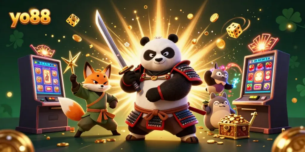Experience thrilling gameplay at yo88 with an engaging samurai panda and magical tanuki in action.