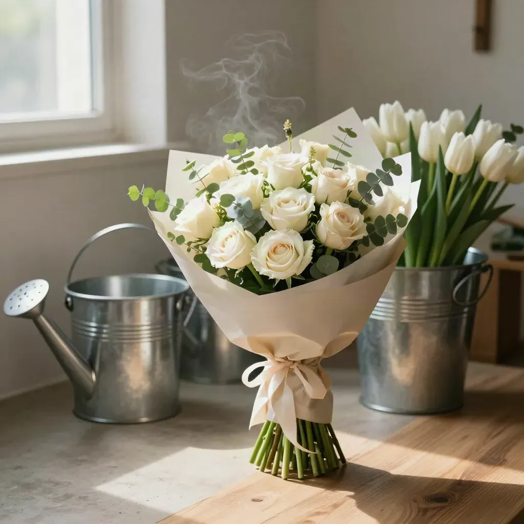 Hand-tied bouquet with roses, tulips and eucalyptus beside water buckets in a florist studio.