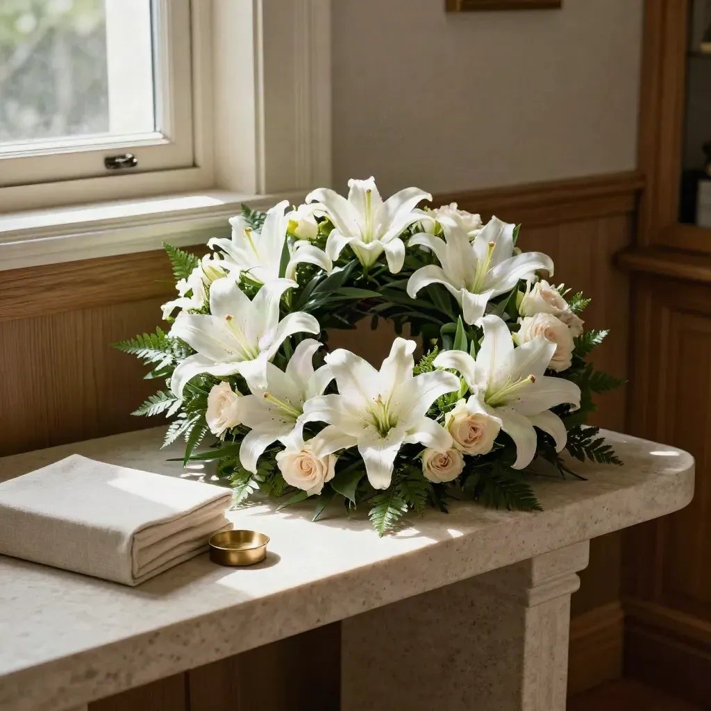 White sympathy wreath with lilies and roses on a travertine console in soft afternoon light