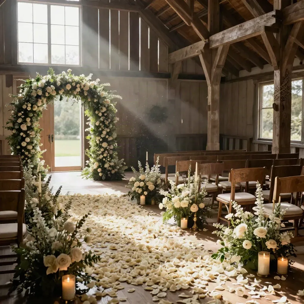 Petal-lined barn aisle with meadow arrangements, taper candles, and a floral arch before guests arrive