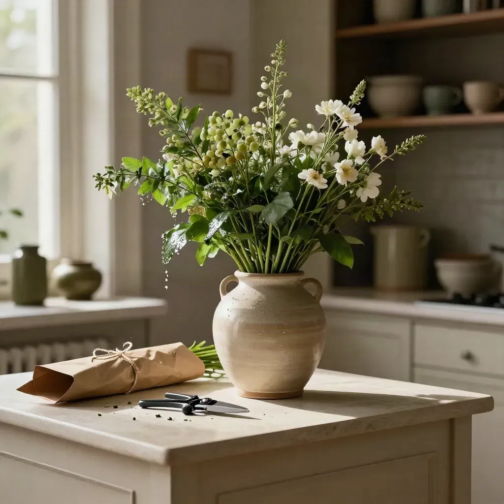 Flower subscription stems in a ceramic vase beside snips and an open delivery box on a kitchen console.