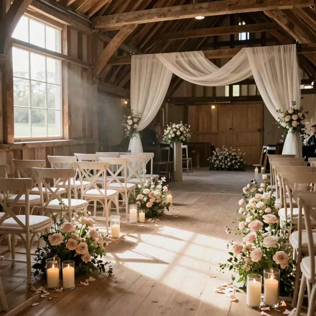 Empty Surrey barn wedding aisle with blush flowers, cream chairs and candles