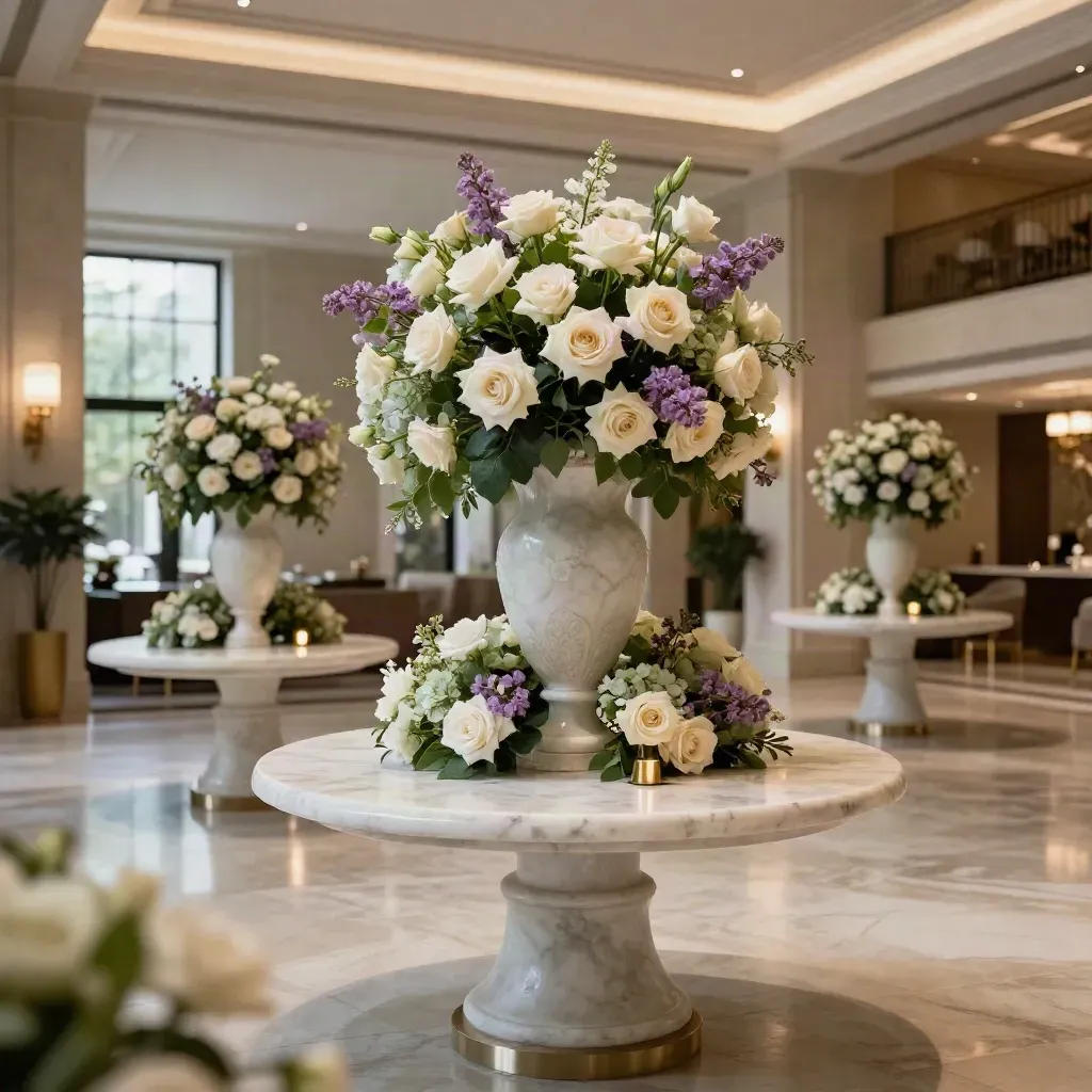 Elegant sage and cream hotel lobby centrepieces beneath brass lamps, viewed low through the flowers.