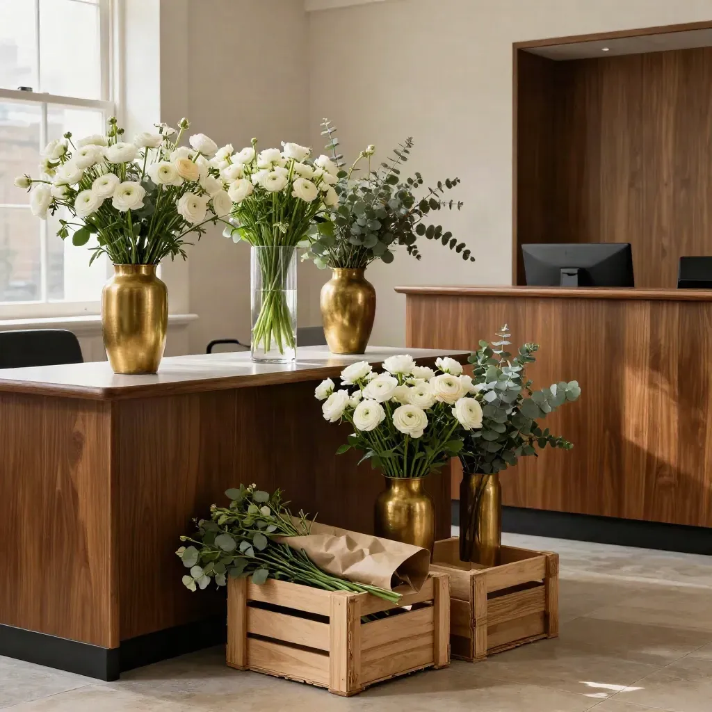 Empty office with refreshed flower vases on consoles and a reception ledge, with flower crates nearby.