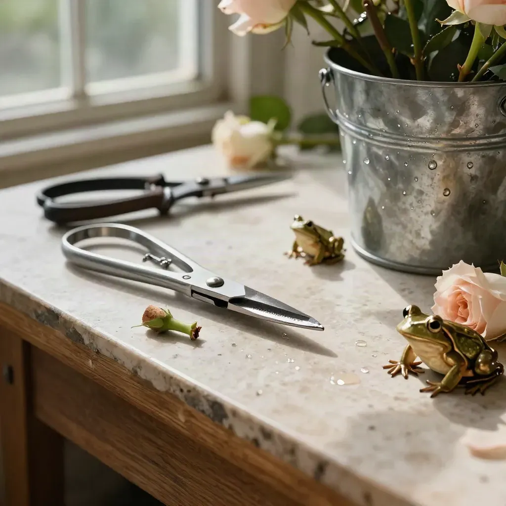 Florist snips, brass frogs, and rose stems on a potting bench with sap sheen.