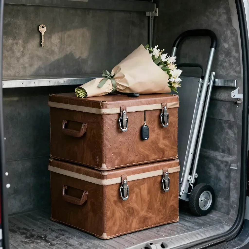 Florist delivery crate, bouquet sleeves, van key fob and folded handcart in a garage bay.