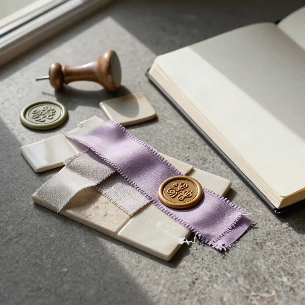 Ribbon swatches, ceramic tiles, wax seals, and a blank notebook on brushed stone.
