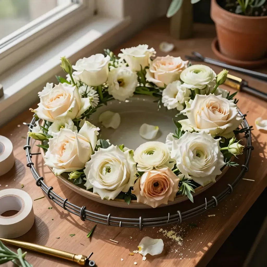 Top-down florist still life with wreath frame, floral tape, cream blossoms and stem trimmings on clay