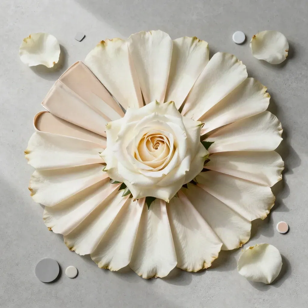 Overhead flatlay of a rose with bloom swatches, ribbon rings, and ceramic colour chips on pale concrete.