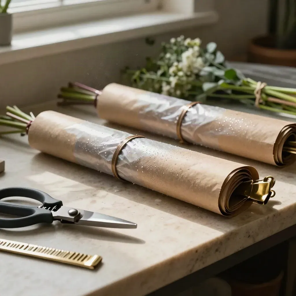 Florist packing station with snips, wrap, hydration sleeves, and sealed bouquet bundles