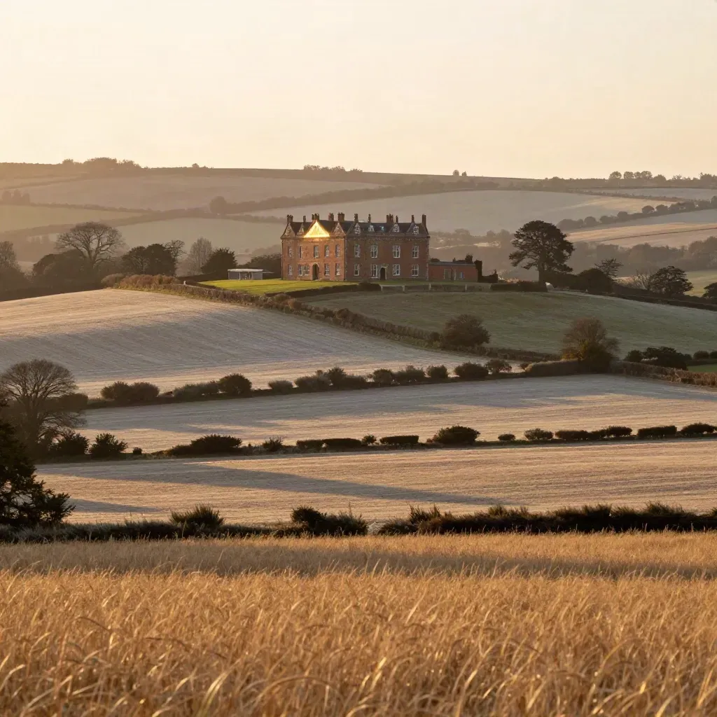 Golden Surrey Hills with a brick manor above calm pasture and hazy hedgerows at sunset.