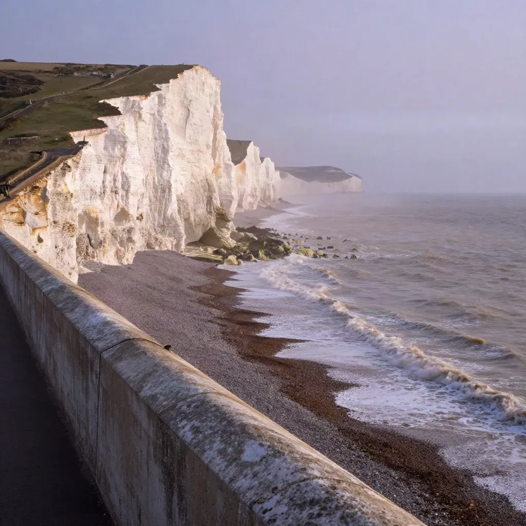 White Sussex chalk cliffs and sea wall above misty Channel surf at sunrise.