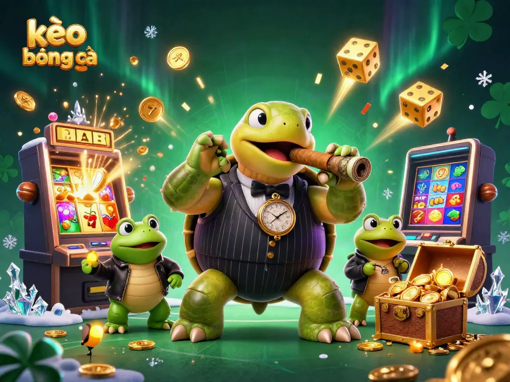 Wager on kèo bóng đá with a snapping turtle mobster and bullfrog enforcers surrounded by casino elements.