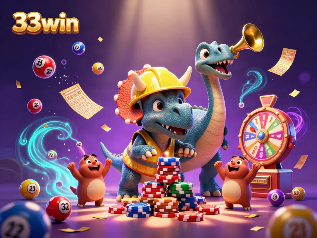 Experience the excitement of 33win with festive lottery elements and vibrant casino atmosphere.