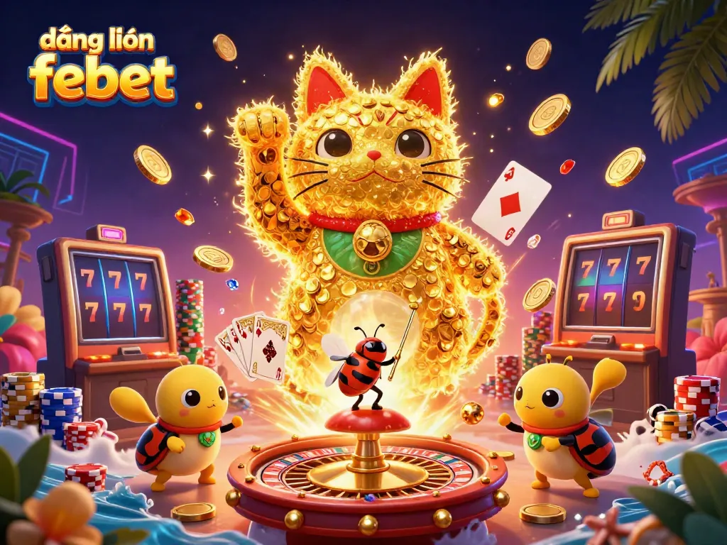 Experience the excitement of gaming with đăng nhập febet as golden fireflies form a lucky cat amidst casino symbols.