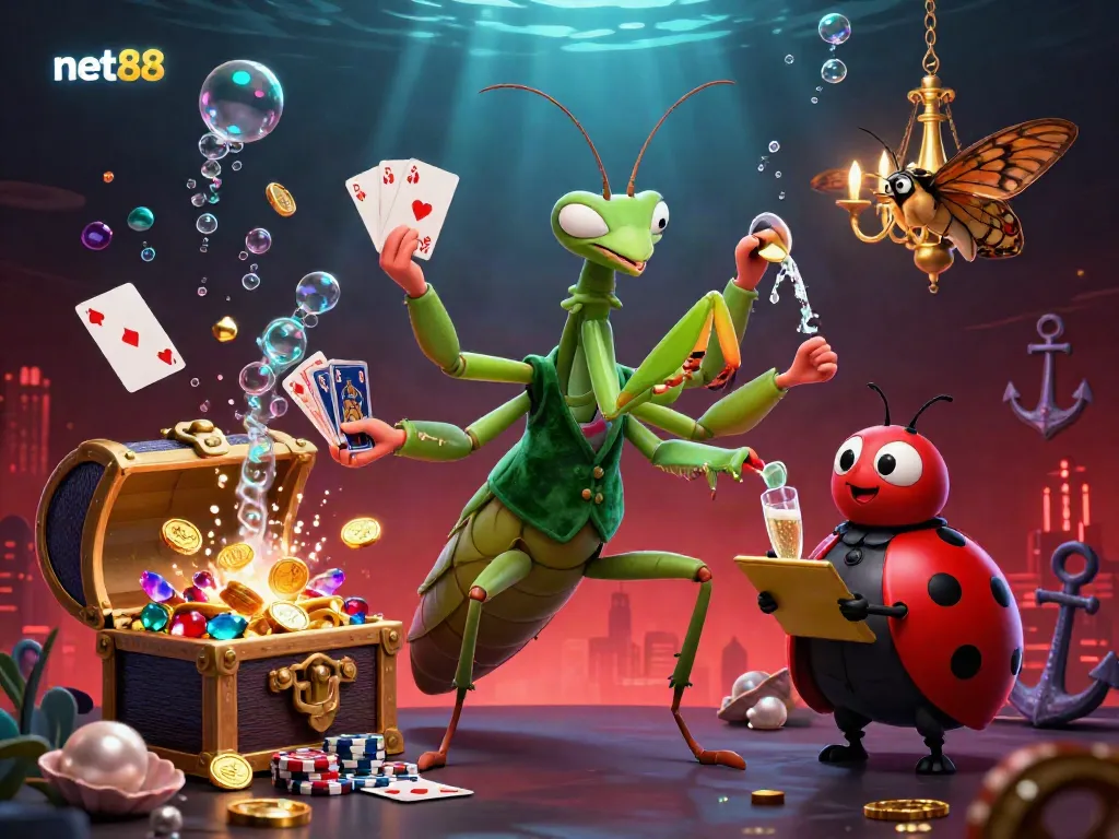 Celebrate exciting gameplay at net88 with a vibrant 3D scene featuring lively characters and casino elements.