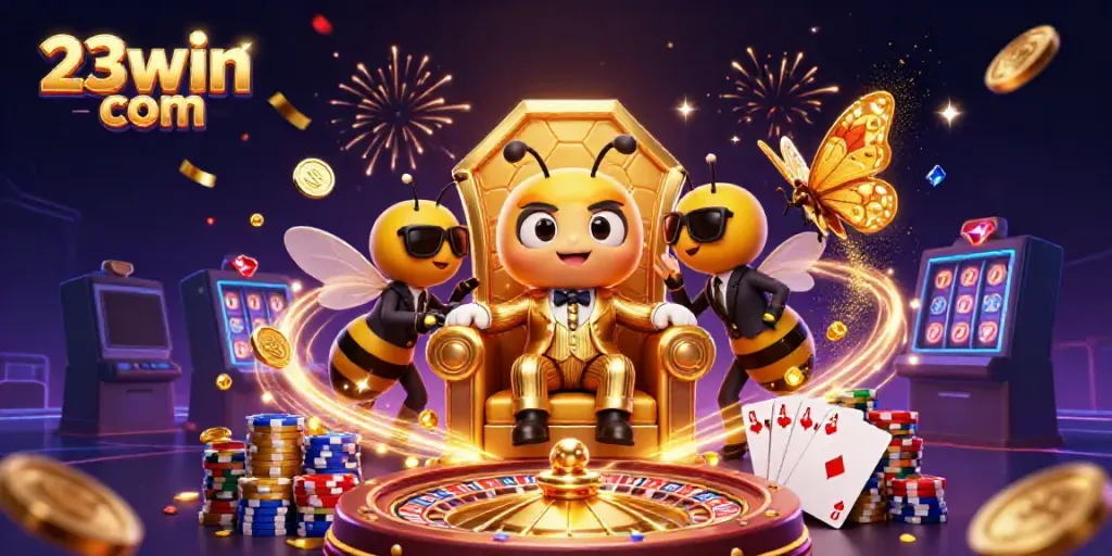 Experience the excitement of 23win com with a cartoon bumblebee mob boss in a vibrant casino setting.